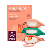 Cleanlogic front view of three soap saver pouches showing packaging and colors for easy selection