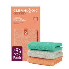 Cleanlogic front packaging showing three exfoliating cloths and product benefits