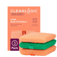 Cleanlogic scrubber front packaging showing size and three-count benefit