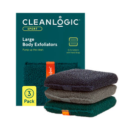 Cleanlogic front packaging showing three large exfoliating scrubbers and benefits