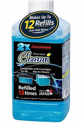 Cleanu bottle front label showing brand and concentrate benefits for cleaner shavers
