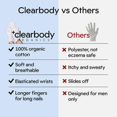 Clearbody Organics gloves next to ruler showing small size fit and measurements