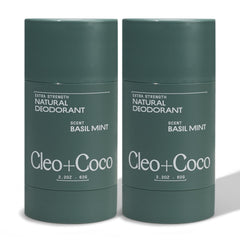 Cleo + Coco front packaging showing two basil mint balm sticks and clean branding benefit freshness