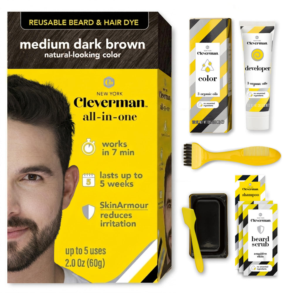 Cleverman front kit shot showing compact reusable beard dye and benefit of quick touch-ups