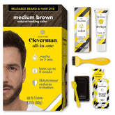 CLEVERMAN front packaging showing medium brown reusable beard dye, clear kit benefits