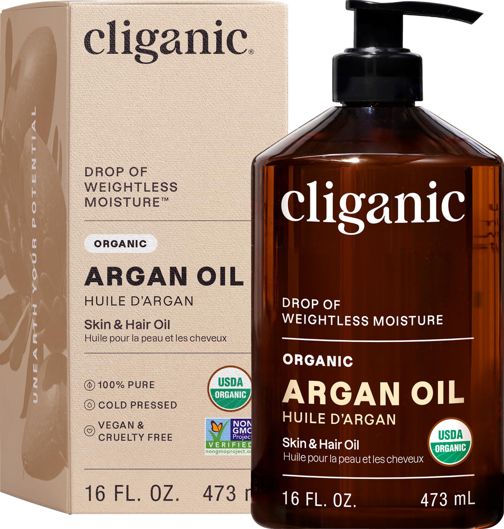 Cliganic argan oil front bottle showing organic seal and size benefit