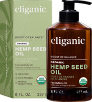 Cliganic front bottle showing label and organic hemp seed oil benefits