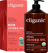 Cliganic jojoba 32oz front label showing organic certification and pump benefit