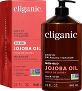 Cliganic jojoba oil front bottle showing bulk 32oz and pump for value