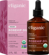 Cliganic front packaging showing the 2oz organic rosehip oil for pure hydration