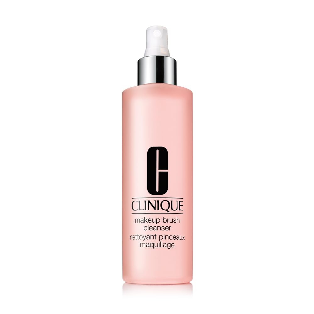 Clinique brush cleanser front packaging shows bottle and benefits for cleaner bristles