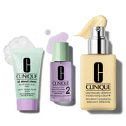 Clinique front packaging gift set showing three items and brand appeal