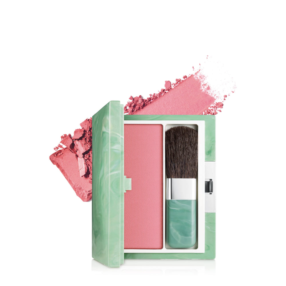 Clinique soft-pressed Honey Blush compact front view showing packaging and pan for easy identification and portability.