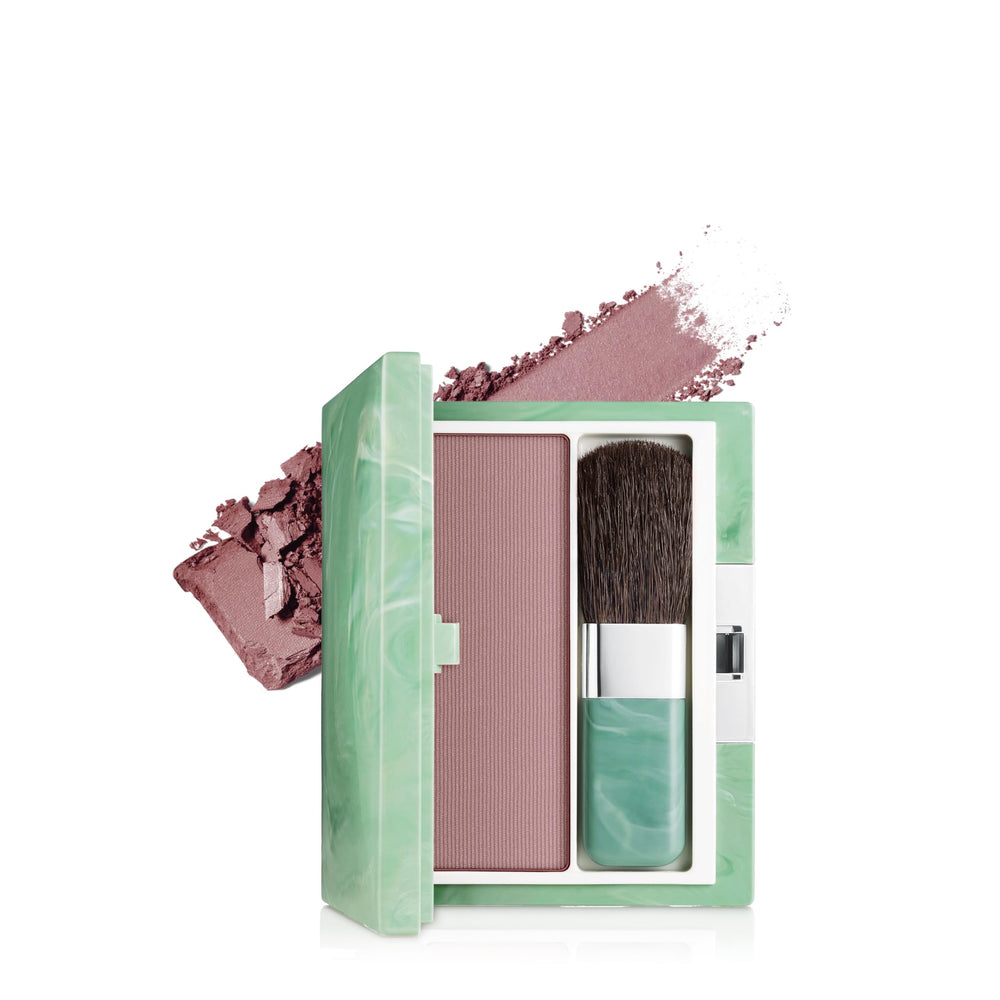 Clinique soft-pressed powder blusher front packaging shows compact and brush, highlighting easy application