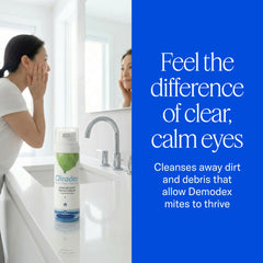 Cliradex foamy texture on fingertip illustrating gentle, spreadable foam for eyelids