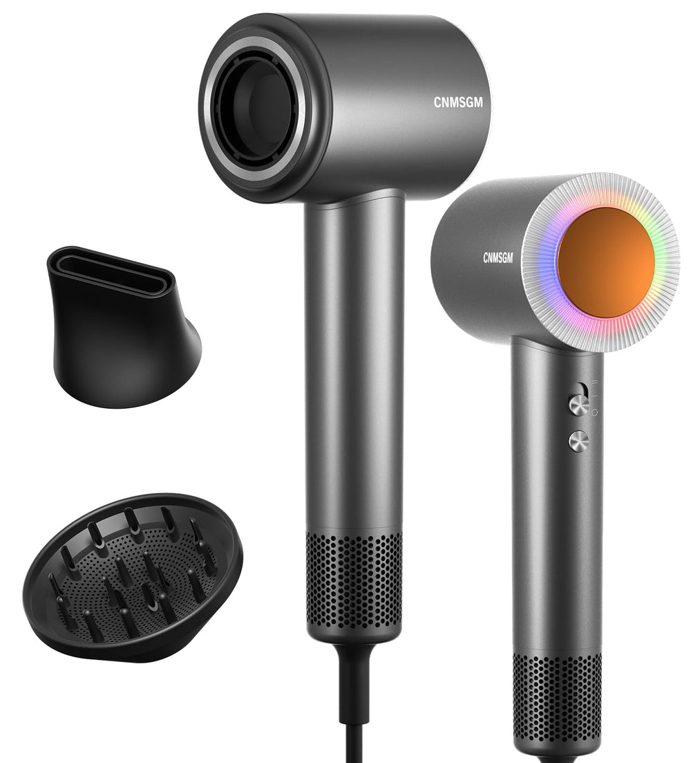 CNMSGM hair dryer front view showing sleek body and lightweight benefit