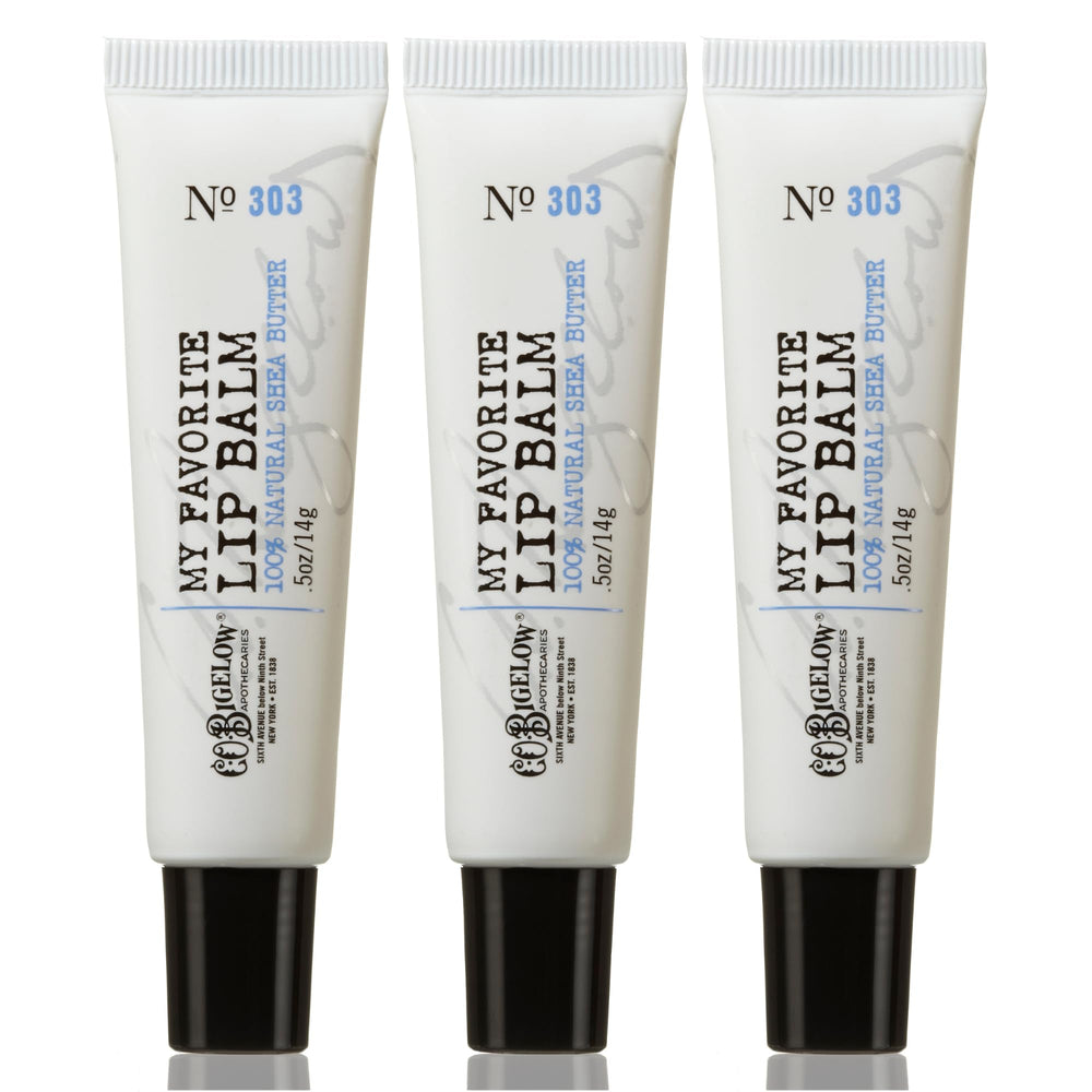 C.O. Bigelow front packaging showing three lip balm tubes and easy hydration
