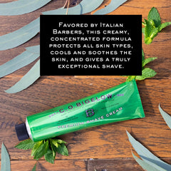 C. O. Bigelow shaving cream texture close-up showing thick foam and softening finish