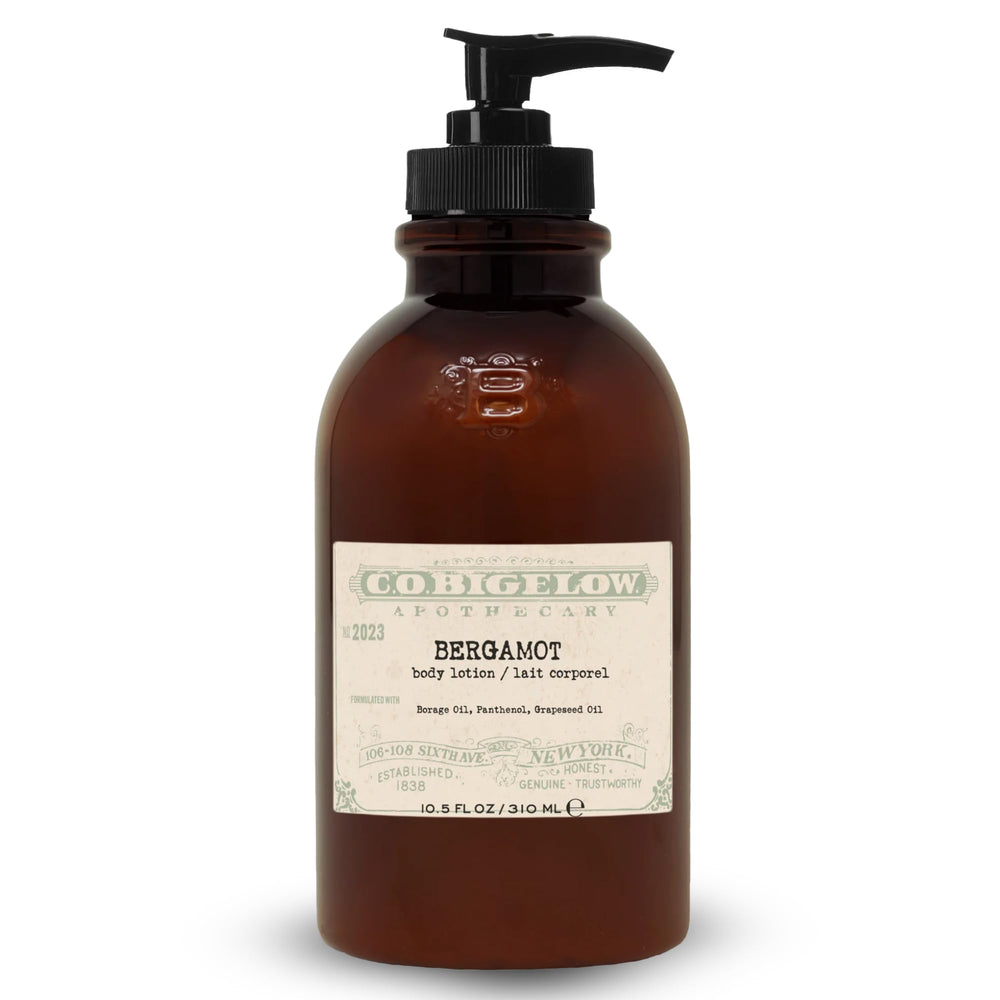 C. O. Bigelow front bottle view showing bergamot lotion and clean design benefits quick identification