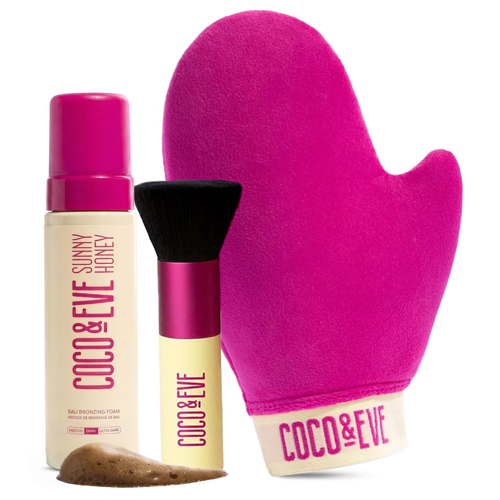 Coco & Eve dark bronzing foam front packaging showing product and benefits