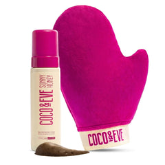 Coco & Eve front packaging showing bronzing mousse and mitt, clear branding and benefit