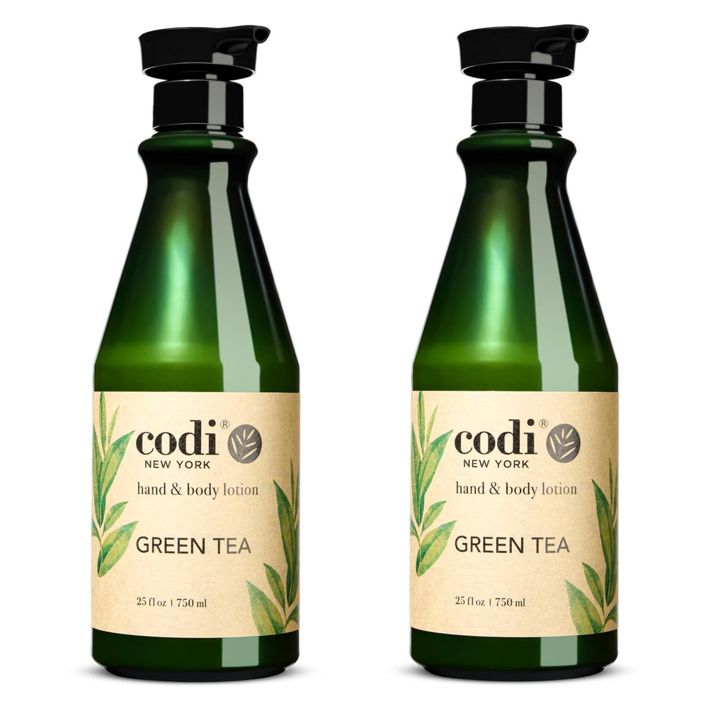 Codi green tea lotion front pump bottle showing label and easy dispensing benefit