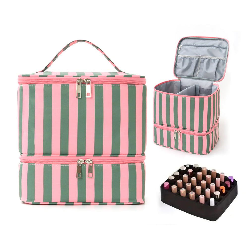 Cohawk front view of striped organizer bag showing compact handle and design for easy transport