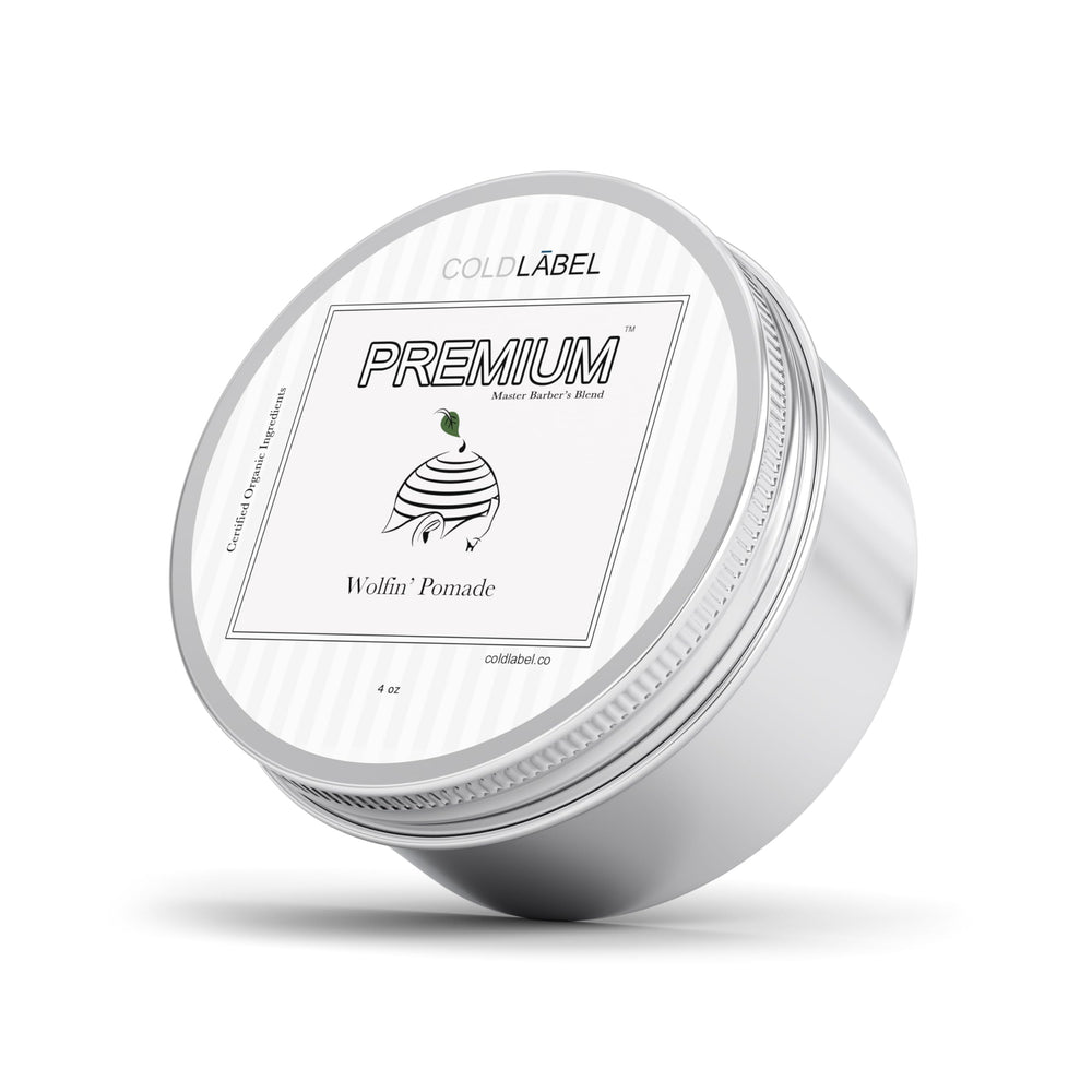 COLDLABEL Wolfin Pomade tin front showing clean label and strong hold benefit