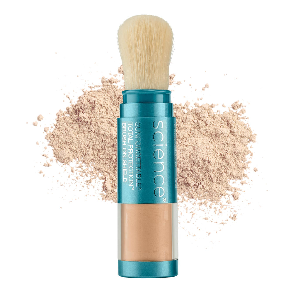 Colorescience brush-on shield front packaging showing compact design and SPF benefit