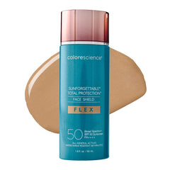 Colorescience Face Shield Flex tan front packaging shows SPF 50 protection and easy-to-read label
