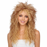 ColorGround front view of long curly wig showing vibrant blonde and reddish brown tones, dramatic style