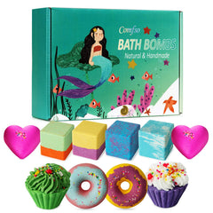 comfso front packaging showing ten colorful bath bombs and labels for gifting benefit