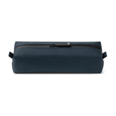 Comfyable front view of blue slim toiletry bag showing compact shape and portability