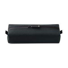 Comfyable front view showing compact dark gray dopp kit and easy carry benefit