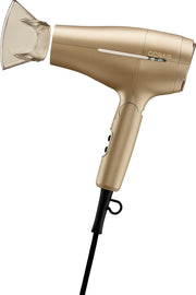 Conair travel dryer front view showing champagne finish and controls for stylish portability