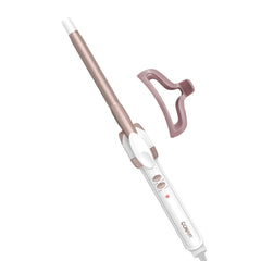 Conair curling iron front view showing white and rose gold finish and compact design for precise curls
