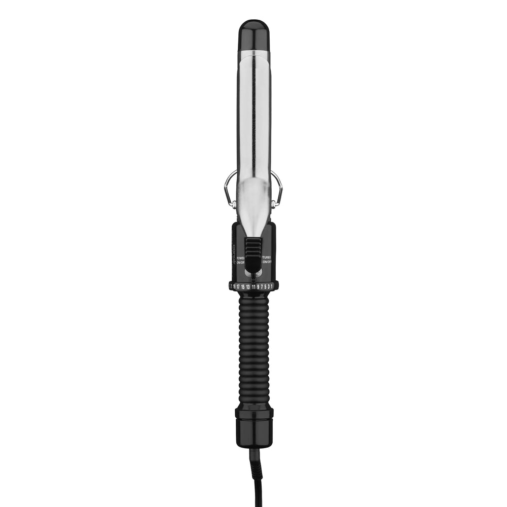 Conair curling iron front view showing sleek black and silver design and reliable styling