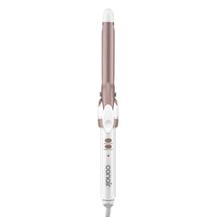 Conair curling iron front view showing white and rose gold design benefit ergonomic grip
