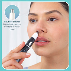 Conair GIRLBOMB nose and ear attachment in use demonstrating safe grooming benefit