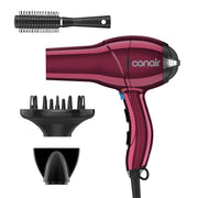 Conair hair dryer front view burgundy showing design and power benefit
