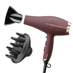 Conair front view showing plum dryer and attachments for quick drying benefits