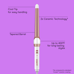 Conair close-up of tapered ceramic barrel for even heat and smooth glide