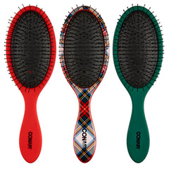 Conair tartan front packaging showing three brushes and colorful design benefit portability