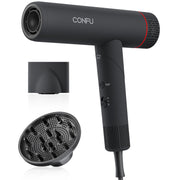 CONFU hair dryer front profile showing sleek design and fast drying benefit