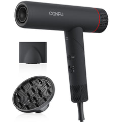 CONFU hair dryer front profile showing sleek design and fast drying benefit