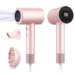 CONFU hair dryer front view showing compact pink design and quick-dry benefit