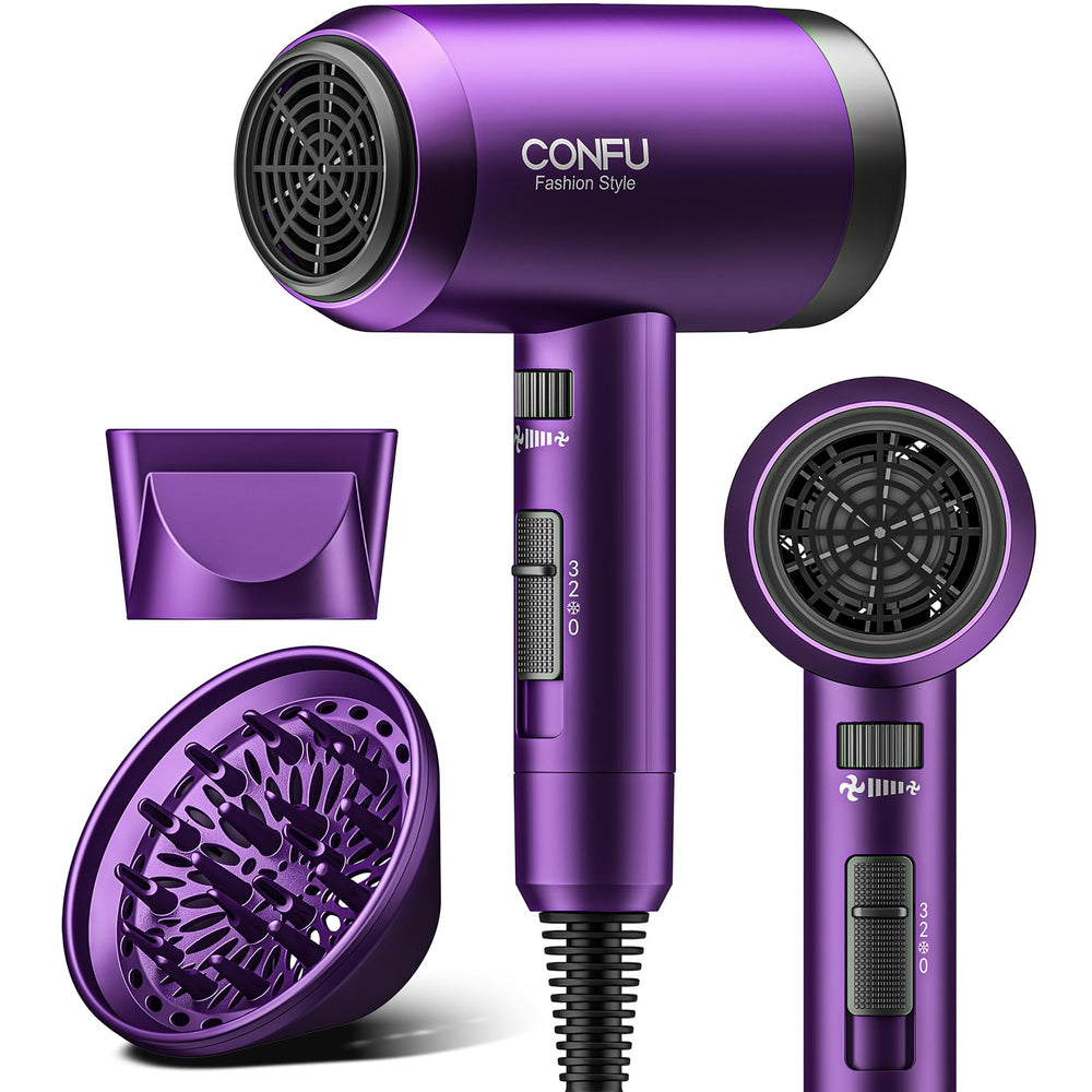 CONFU hair dryer front view showing controls and sleek profile benefit fast styling