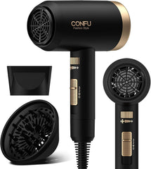 CONFU hair dryer front view showing compact design and fast drying benefit