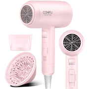 CONFU hair dryer front view showing compact design and strong airflow benefit
