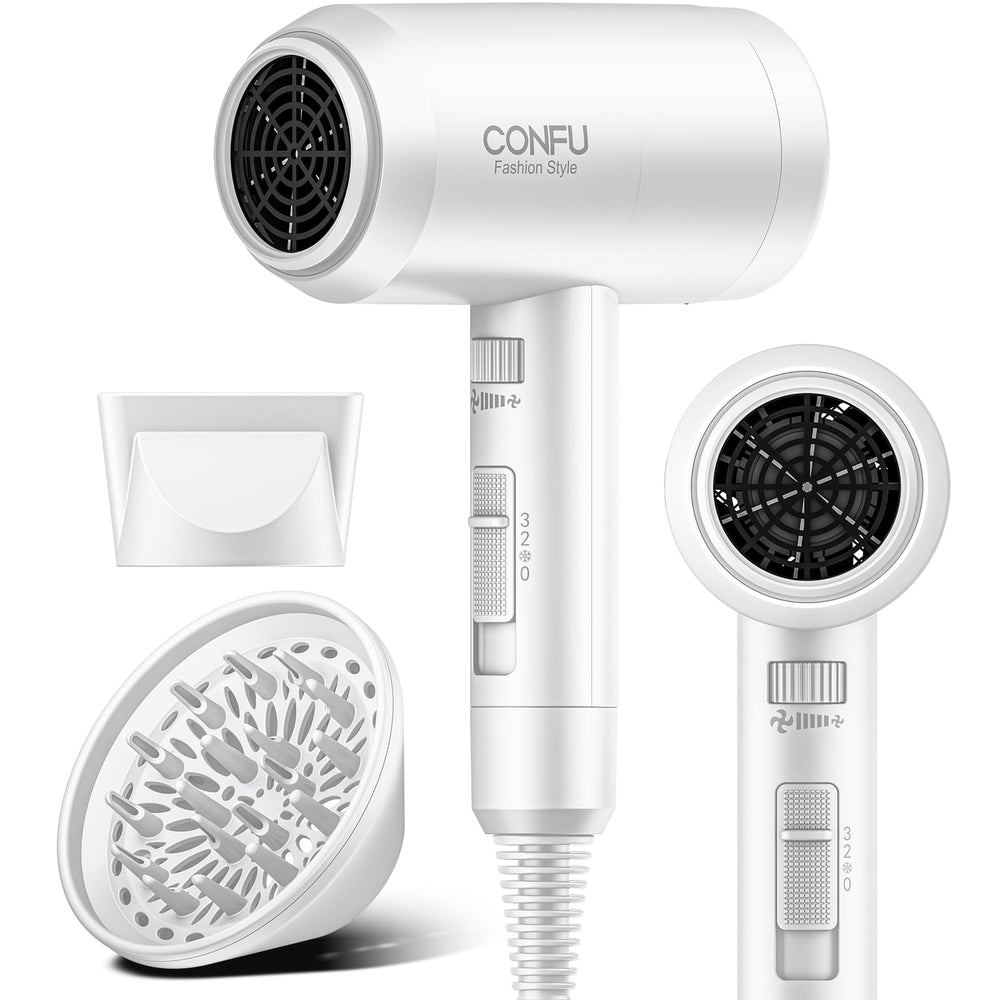CONFU hair dryer front view showing compact form and airflow benefit